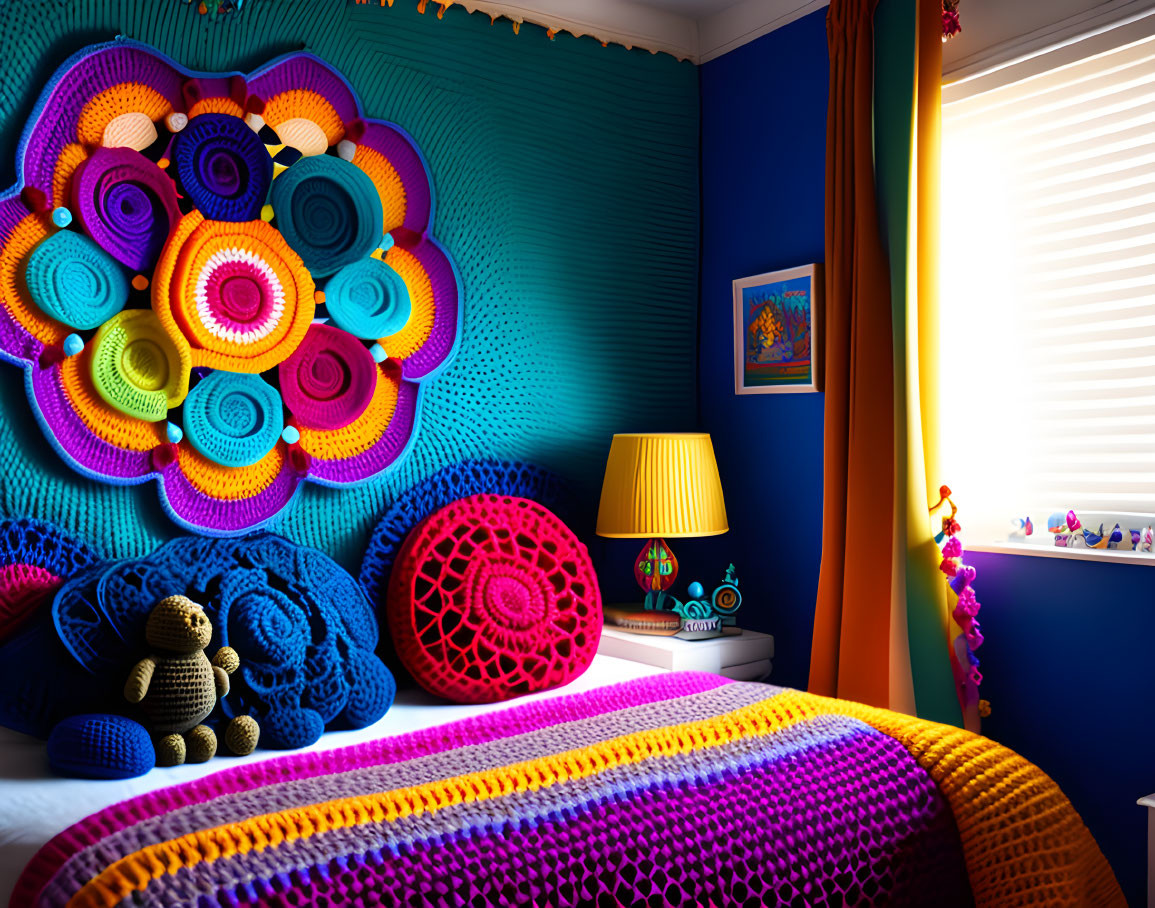 Colorful Crochet Mandala Wall Art in Vibrant Bedroom