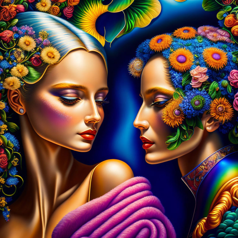 Stylized female figures with floral headdresses and colorful makeup on dark background