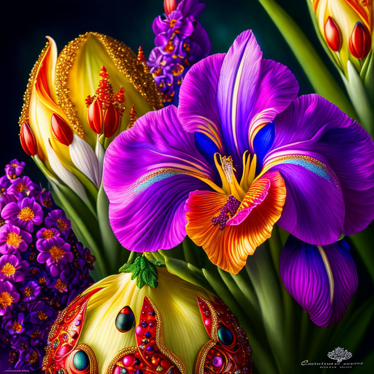 Colorful purple and orange flower with jewel-like details on dark background