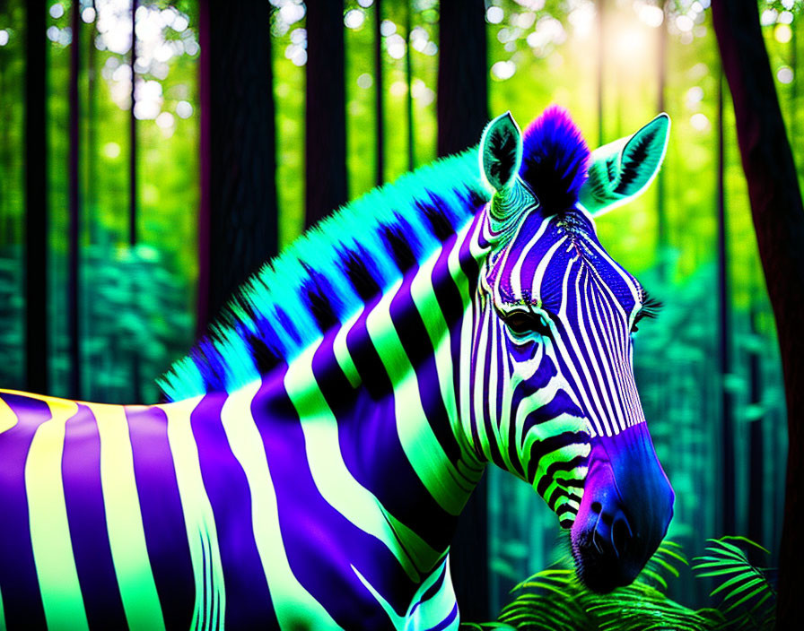 Colorful Digital Artwork: Zebra with Neon Purple and Blue Stripes in Green Forest