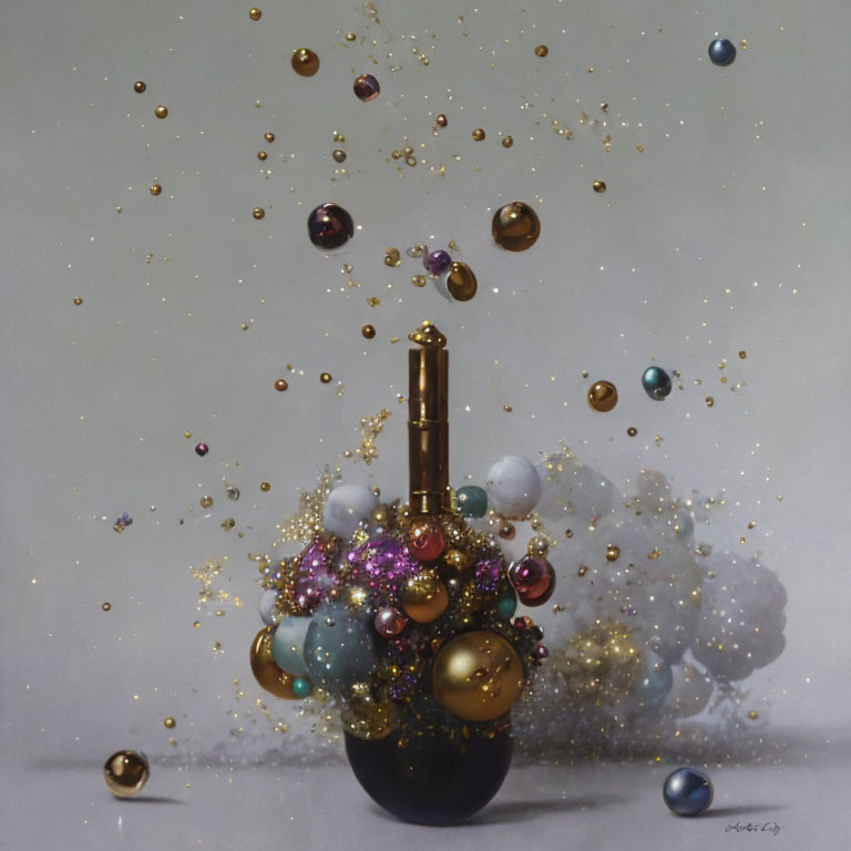 Colorful orbs and bubbles in surreal black vase art