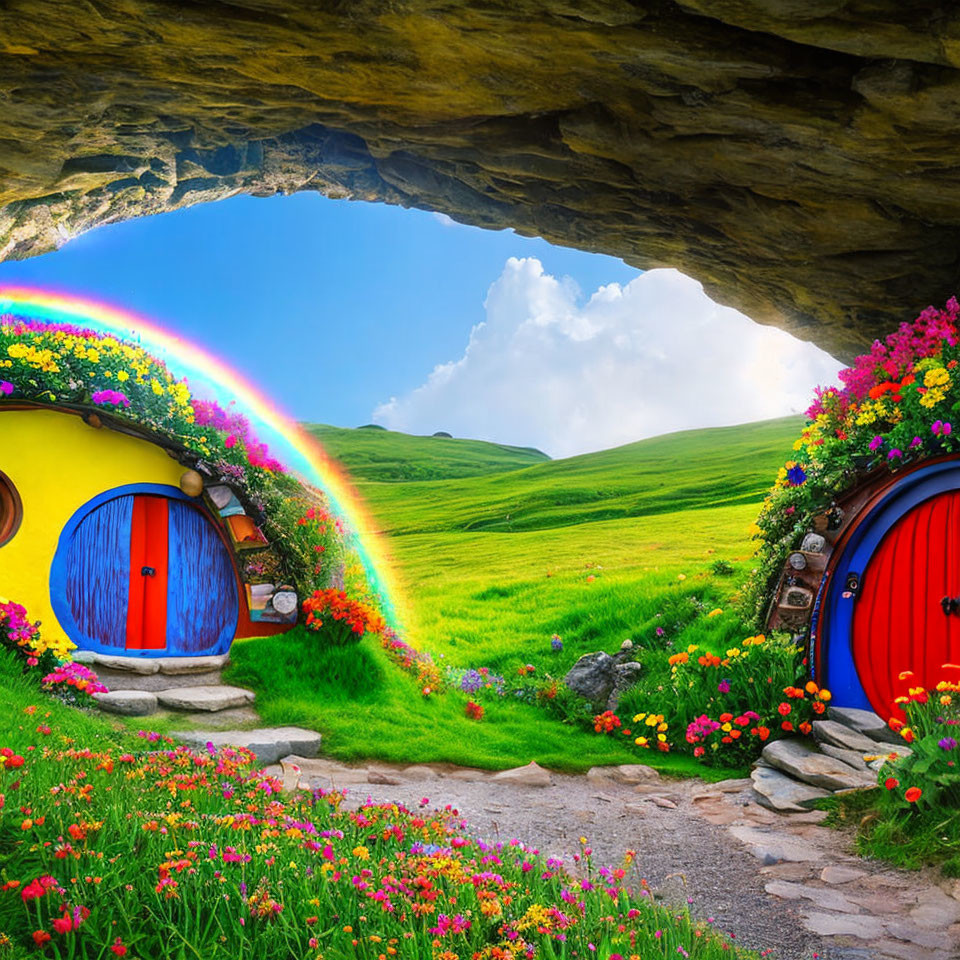 Colorful hobbit-style round doors in lush green landscape under vibrant rainbow