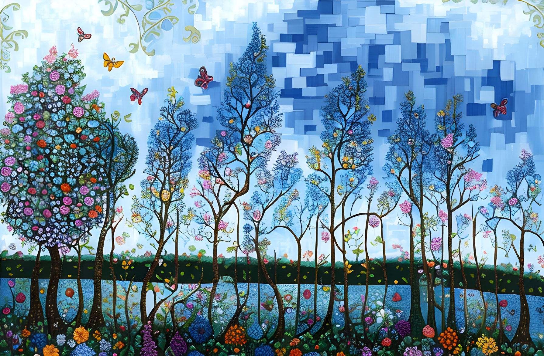 Pixelated landscape with vibrant trees and flowers under a blue sky.