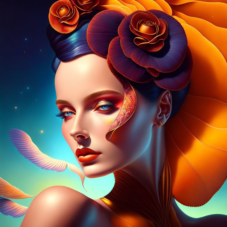 Digital artwork: Woman with floral hair adornments in warm tones and serene expression on starry background