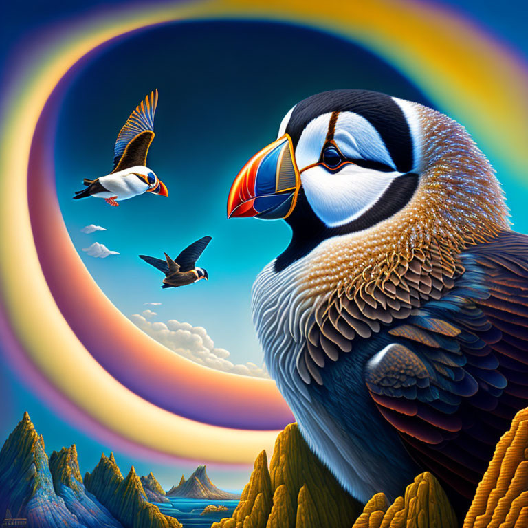 Colorful puffin illustration with flying birds and surreal sky circles.