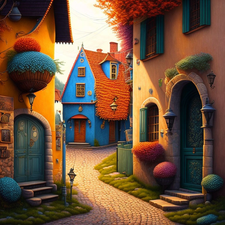 Colorful Curved Houses on Cobblestone Street at Sunset