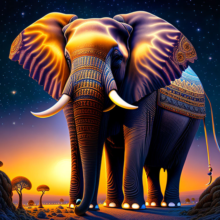 Colorful Digital Artwork: Glowing Elephant in Fantastical Setting