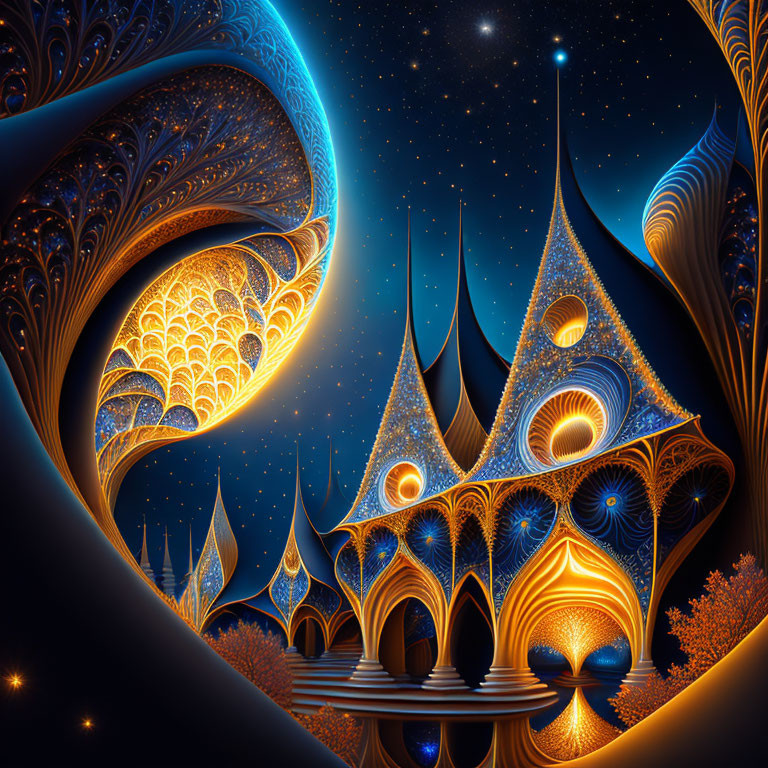 Vibrant artwork of fantastical castle against starry night sky