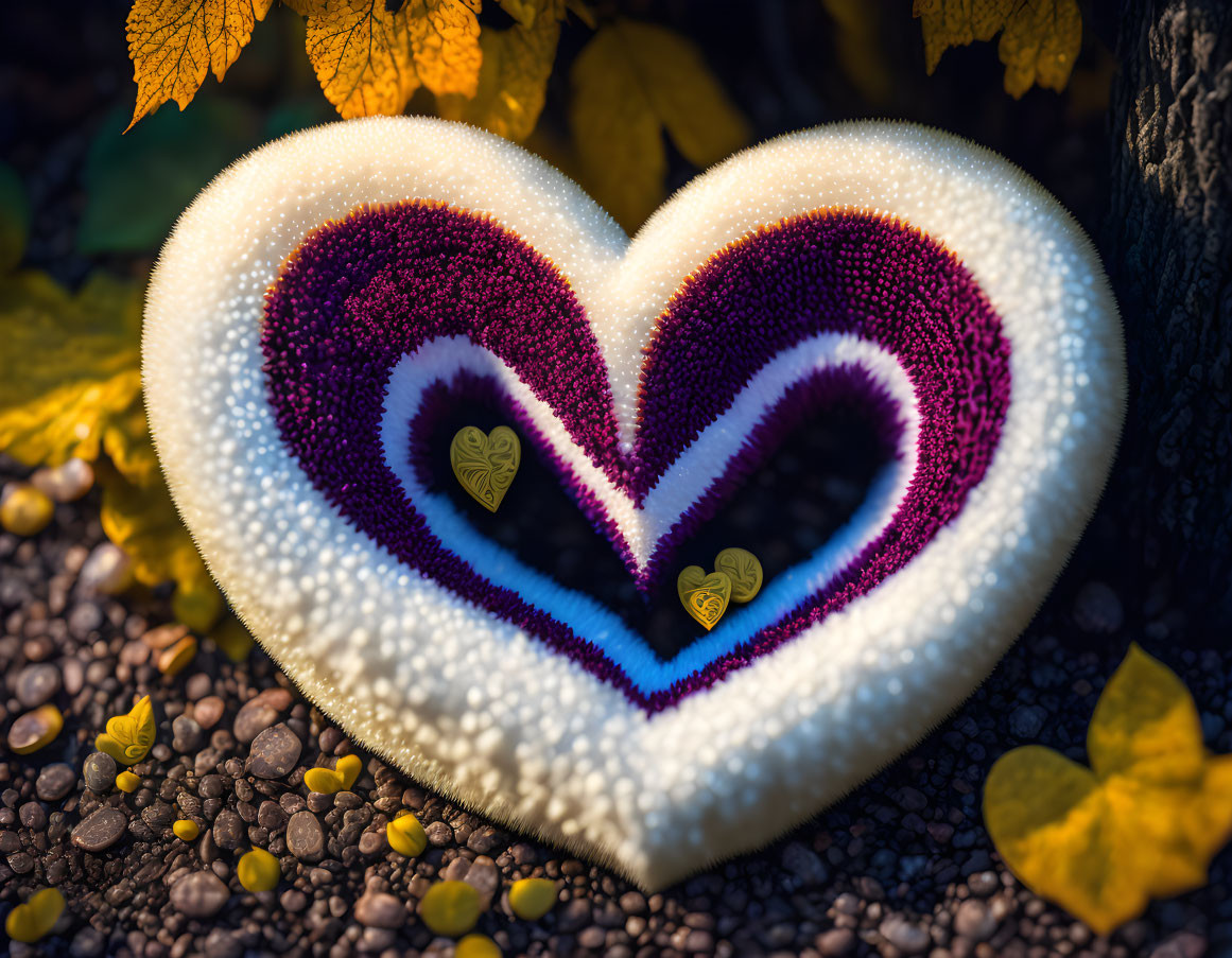 Heart-shaped decoration surrounded by yellow leaves and pebbles in gradient colors.