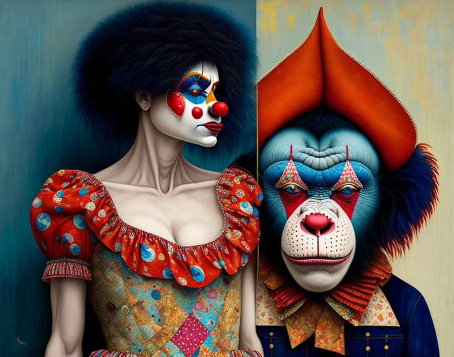 Surreal portraits of female and male figures in clown makeup and attire with monkey faces