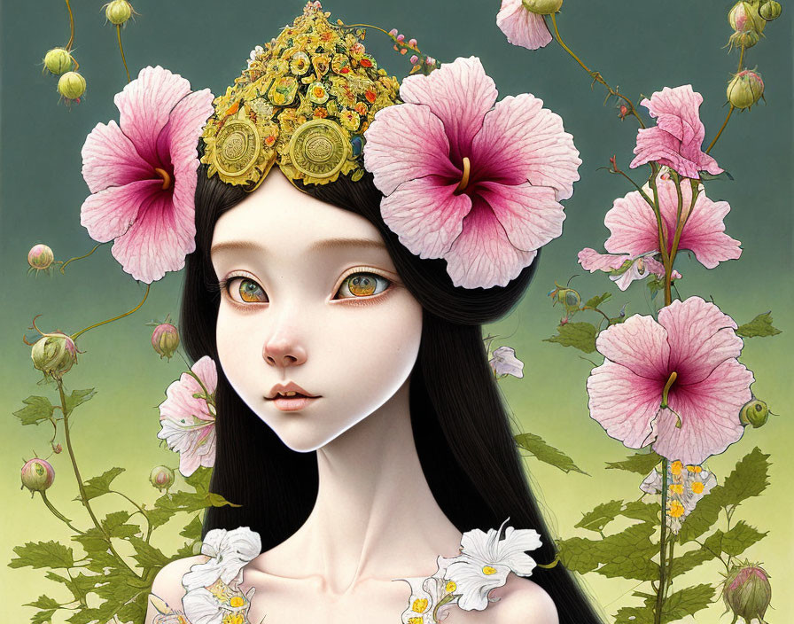 Exaggerated large eyes woman with golden headdress and pink hibiscus flowers