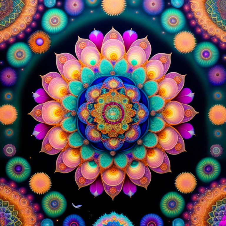 Intricate multicolored digital mandala with symmetrical floral design