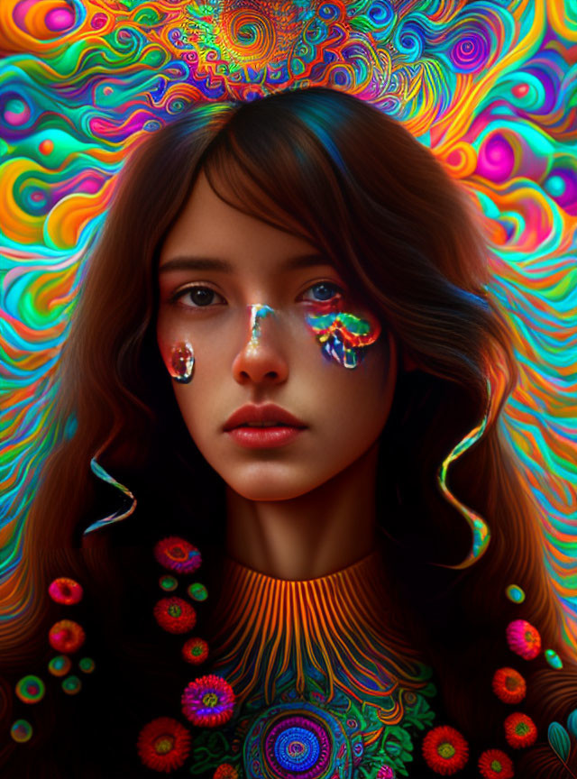 Brown-haired woman with teardrop crystals on psychedelic background