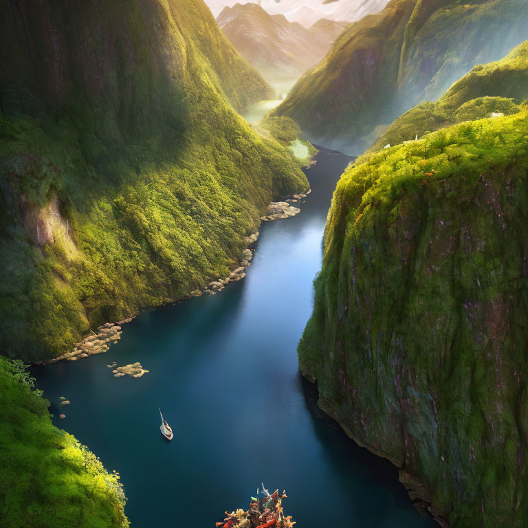 Tranquil river in lush valley with sailboat under sunny sky