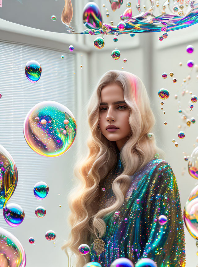 Blonde woman in soft-lit room with vibrant bubbles