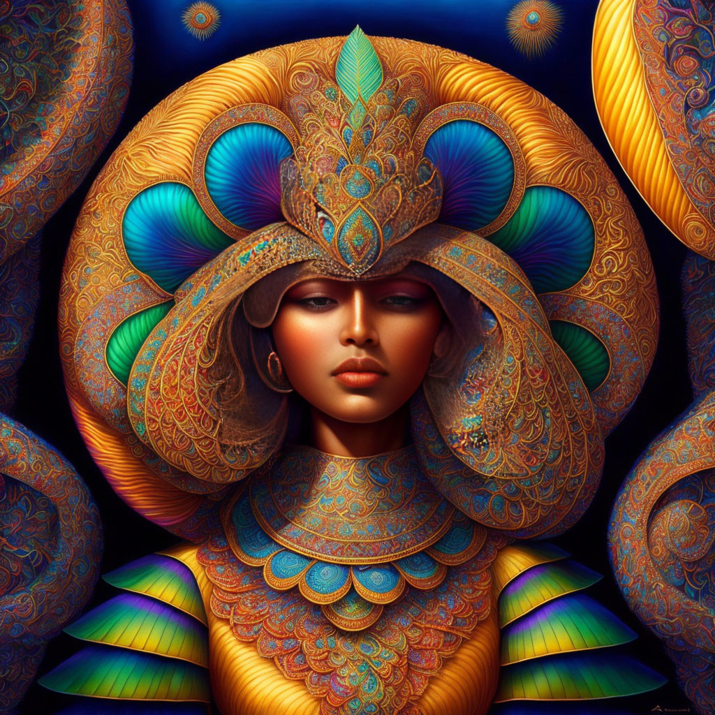 Colorful Woman Portrait with Peacock Feather Headdress and Intricate Patterns