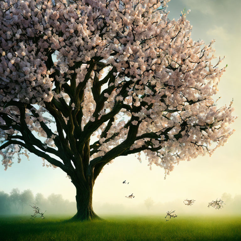 Majestic Cherry Blossom Tree in Full Bloom with Birds in Flight