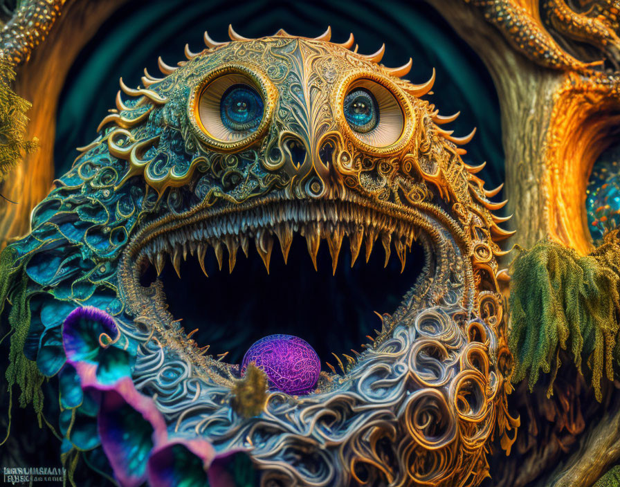 Fantasy creature with multiple eyes, intricate textures, and open mouth, in ornate setting.