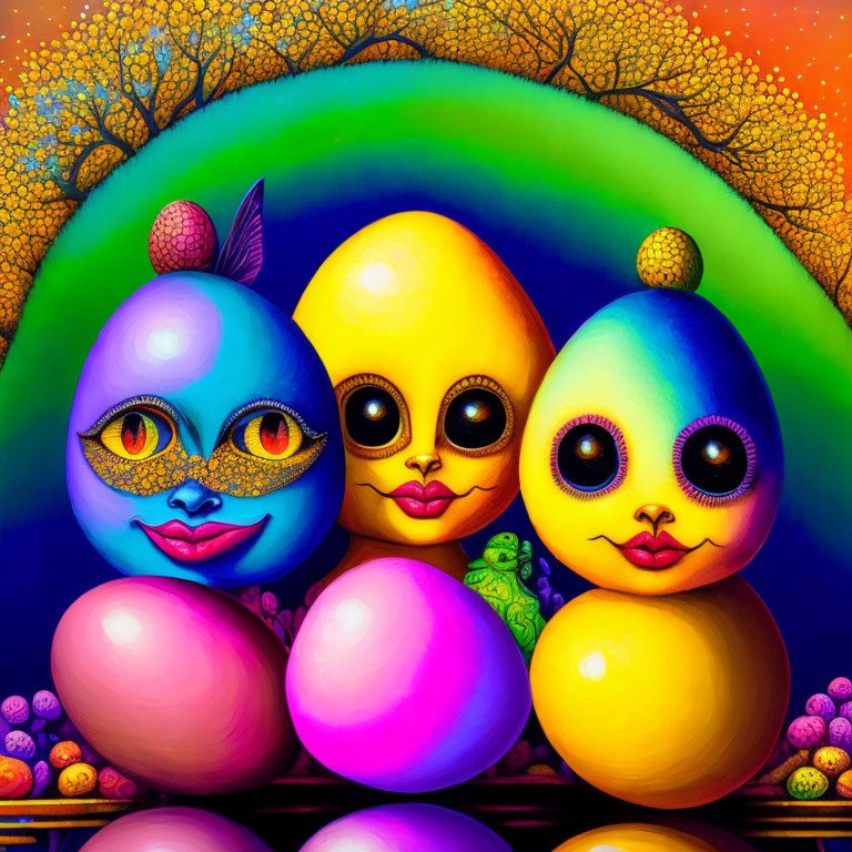 Vibrant anthropomorphic figures under rainbow with flora