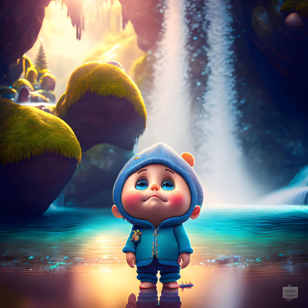 Animated character in blue hoodie by serene waterfall