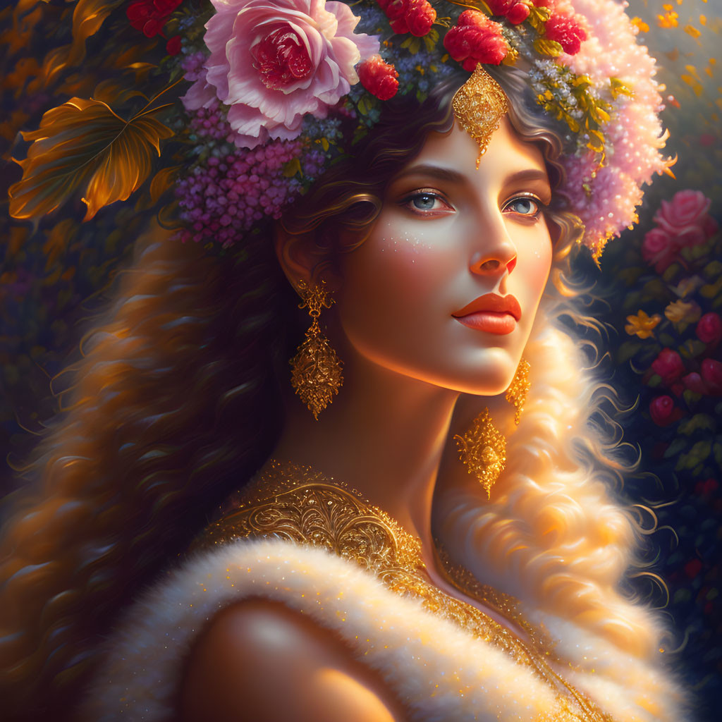 Ethereal portrait of woman with golden jewelry and floral crown