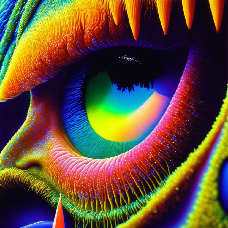 Colorful Close-Up of Multicolored Eye with Neon Spectrum Reflection