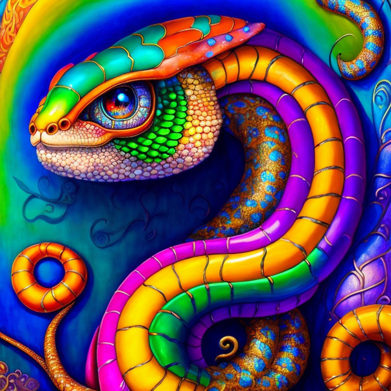 Colorful Snake Illustration with Green, Orange, and Purple Scales