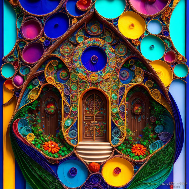 Colorful Fantasy Door with Peacock Feather Patterns