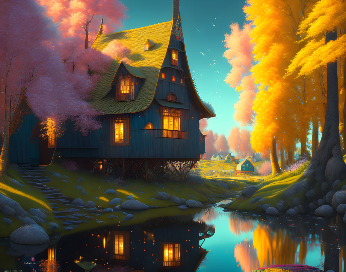 Digital illustration of quaint cottage by river at sunset