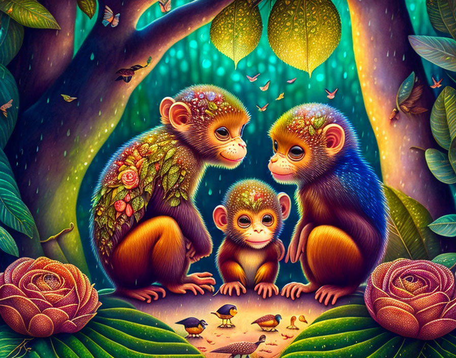 Stylized monkeys in enchanted forest with oversized flowers