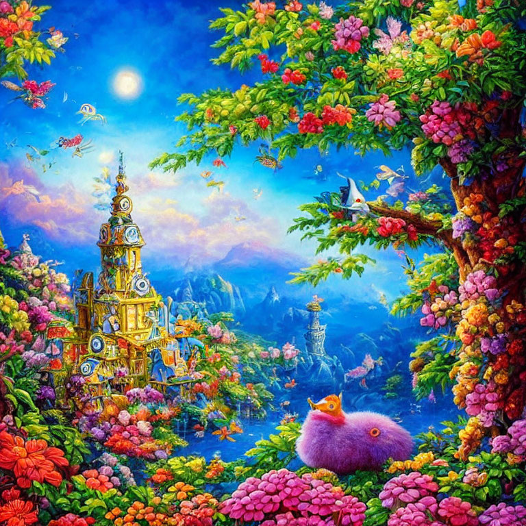 Colorful Fantasy Landscape with Castle, Floating Islands, and Fluffy Creature