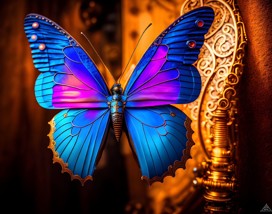 Blue Butterfly with Intricate Wing Patterns on Metallic Surface Against Ornate Background