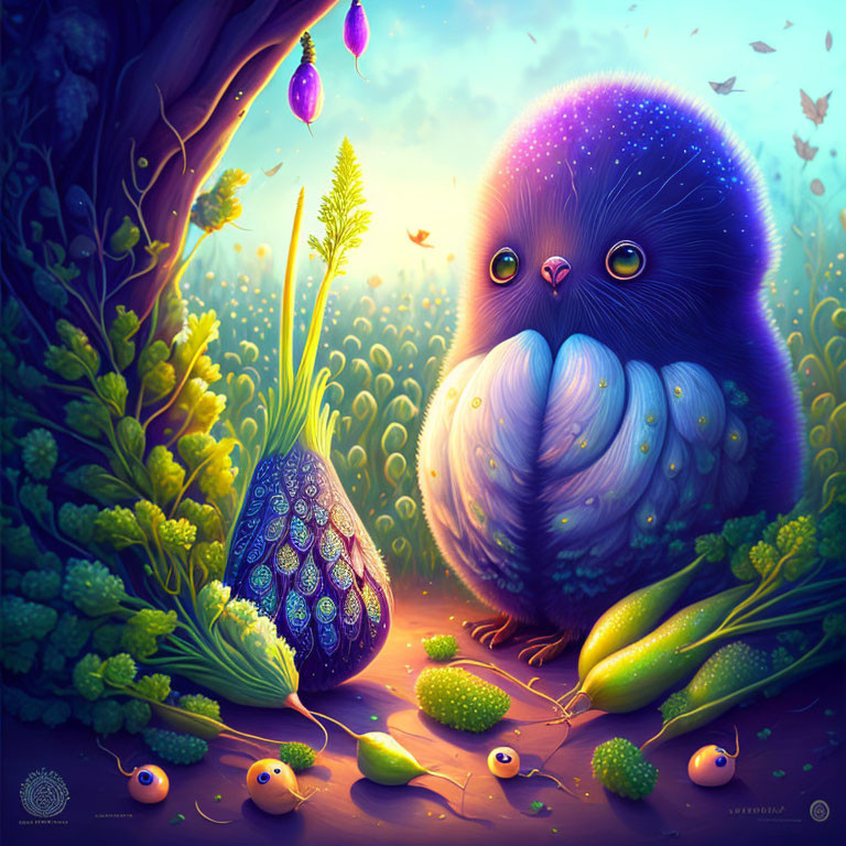 Fluffy bird-like creature with large eyes and glowing egg in enchanted forest