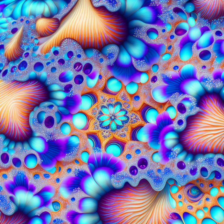 Colorful digital fractal image with swirls, bubbles, and floral shapes in blue, orange,