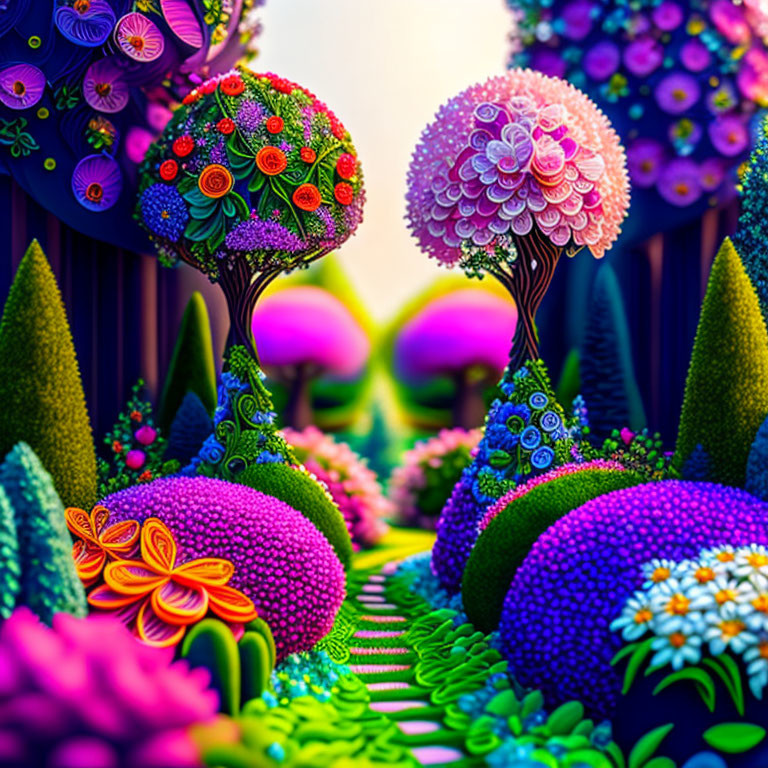 Colorful Fantasy Garden with Whimsical Flower Trees in Purple Setting