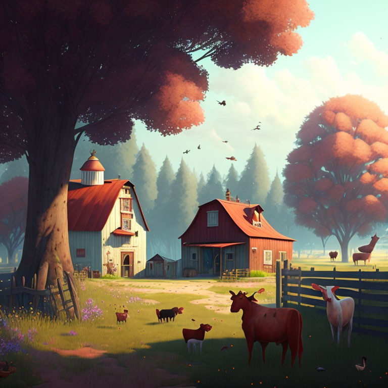 Tranquil farm scene with grazing animals, red barn, trees, and birds on sunny day