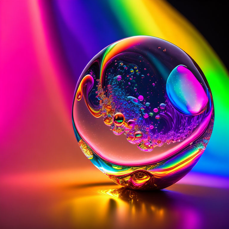 Colorful Crystal Ball on Rainbow Background with Reflective Bubbles