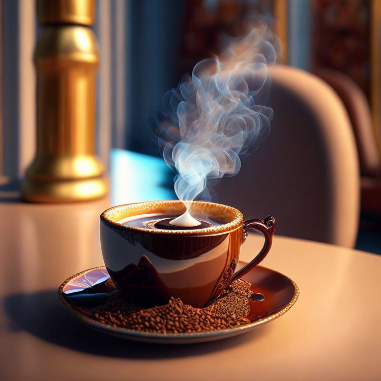 Steaming cup of coffee with heart design, surrounded by beans in cozy setting