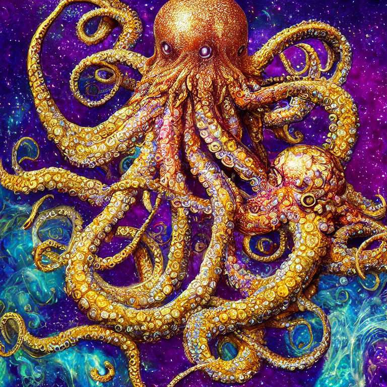 Colorful Golden Octopus with Cosmic Underwater Background