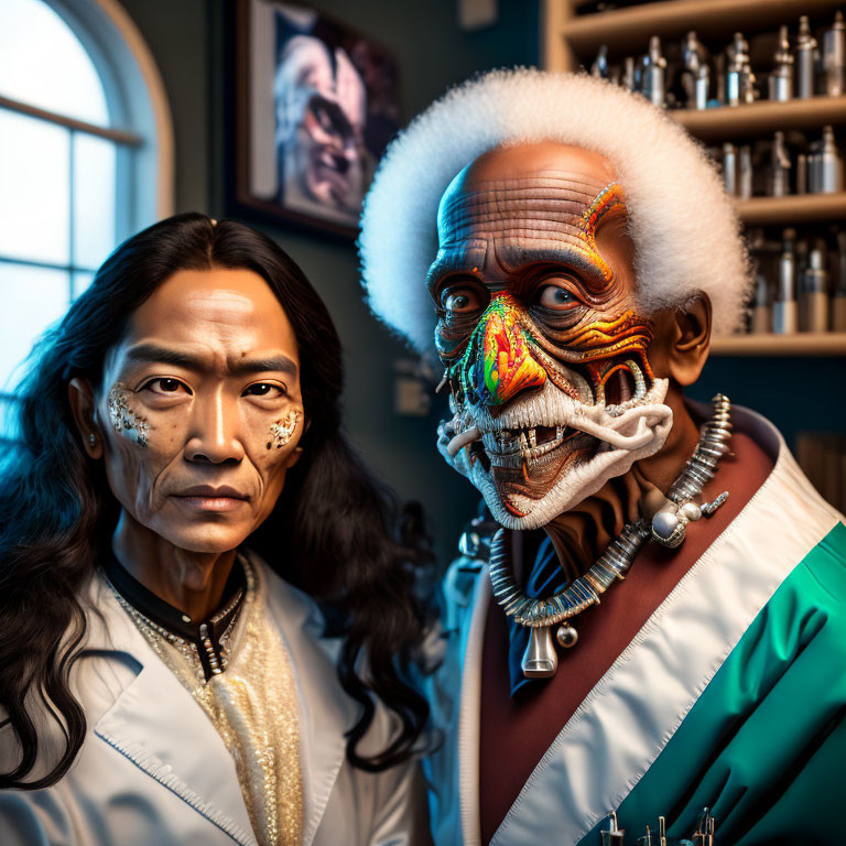 Elaborate skeletal facial makeup on two people in room with shelves and portrait