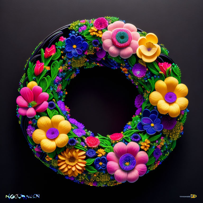 Colorful Floral Wreath on Black Background