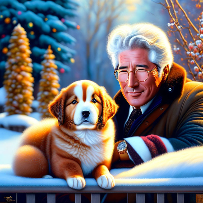 Silver-Haired Man and Dog Sitting on Snowy Bench