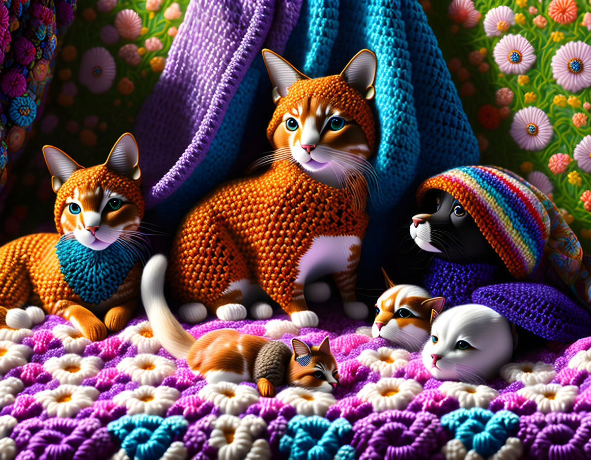 Colorful Knitted Cats on Flower Background with Scarves and Hat