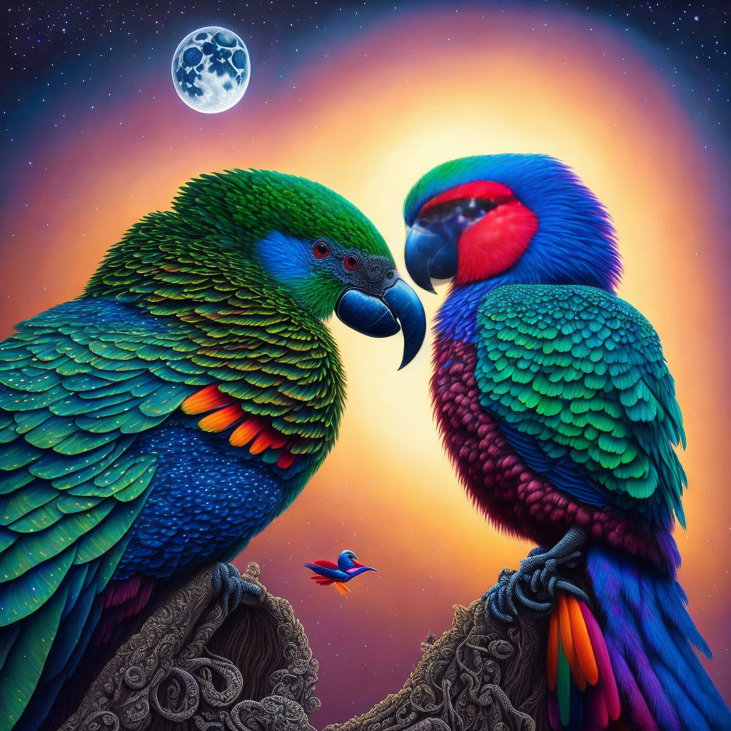 Vibrantly colored parrots under starry sky with full moon and glowing aura