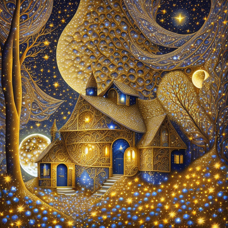 Illustration of golden house in starry night with glowing windows