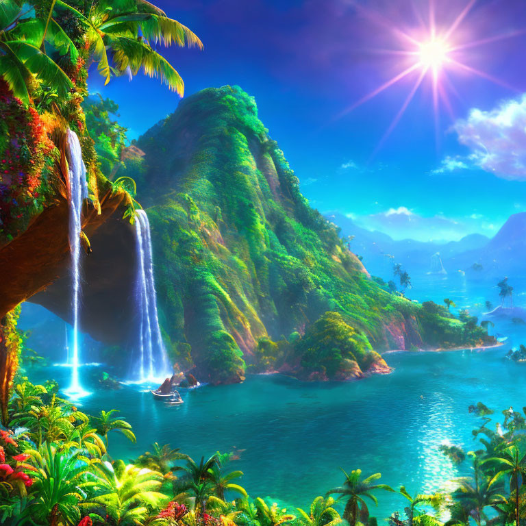 Vibrant tropical landscape with green cliff, waterfalls, lagoon, and boat