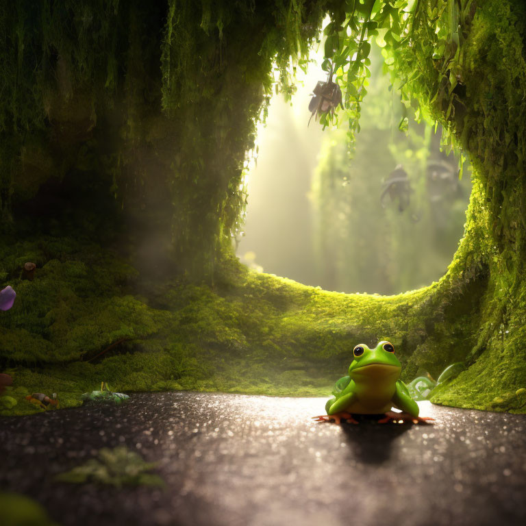 Green frog on mossy ground in sunlit forest clearing with hanging moss and butterflies.