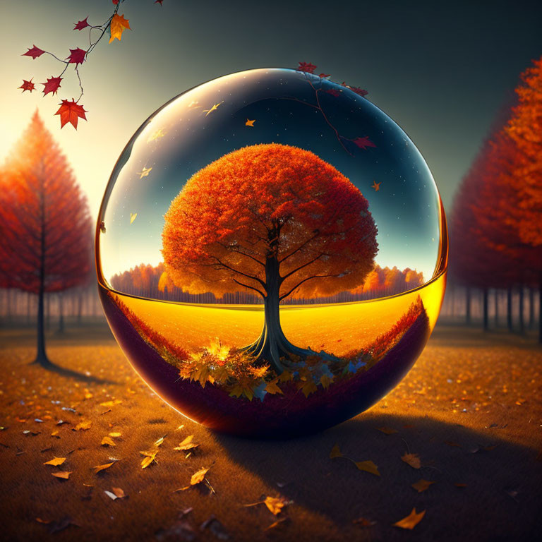 Surreal autumn forest with vibrant tree and crystal ball reflecting sunset