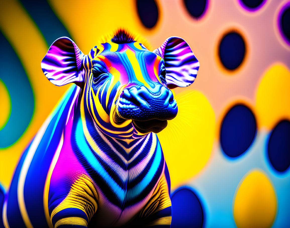 Colorful digital art: Zebra with psychedelic stripes on blue and yellow background