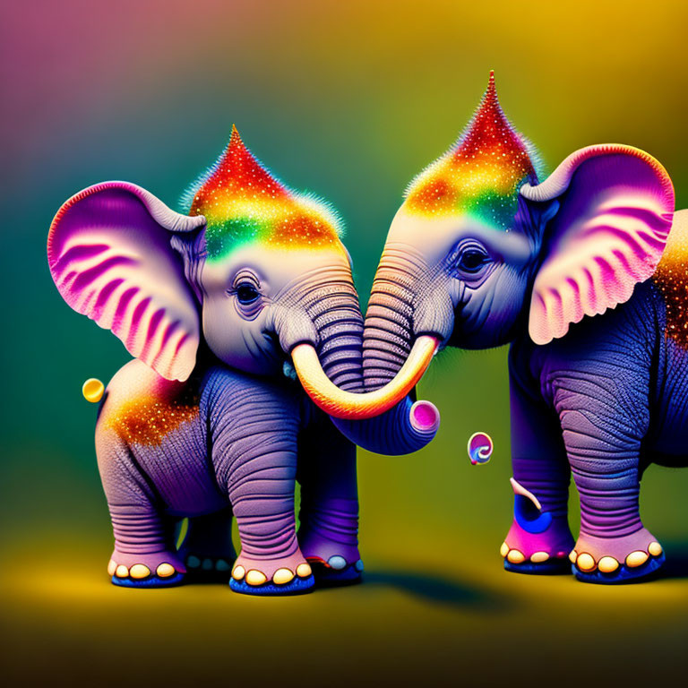 Colorful Stylized Elephants in Rainbow Hues on Gradient Background